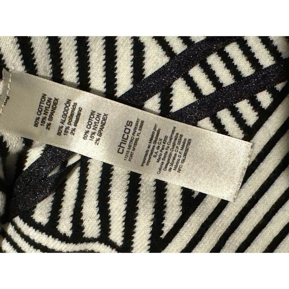 Chico's Natania Black/White Stripe asymmetrical Zip Up Cardigan Sweater size 12